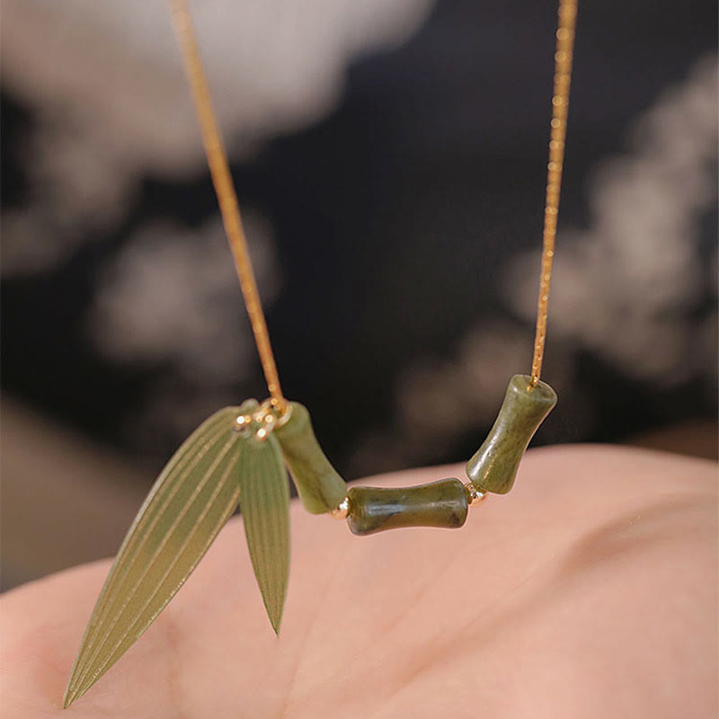 Buddha Stones Bamboo Leaf Jade Design Wealth Necklace Pendant - image 1