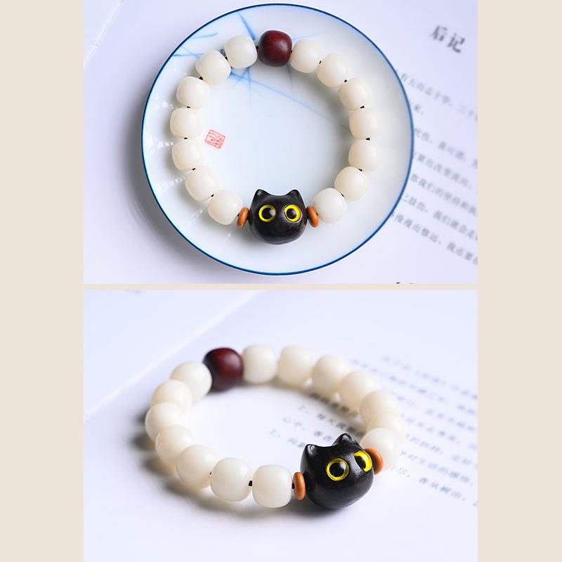 Buddha Stones Natural Bodhi Seed Small Leaf Red Sandalwood Ebony Wood Cute Lucky Cat Wisdom Bracelet - image 14