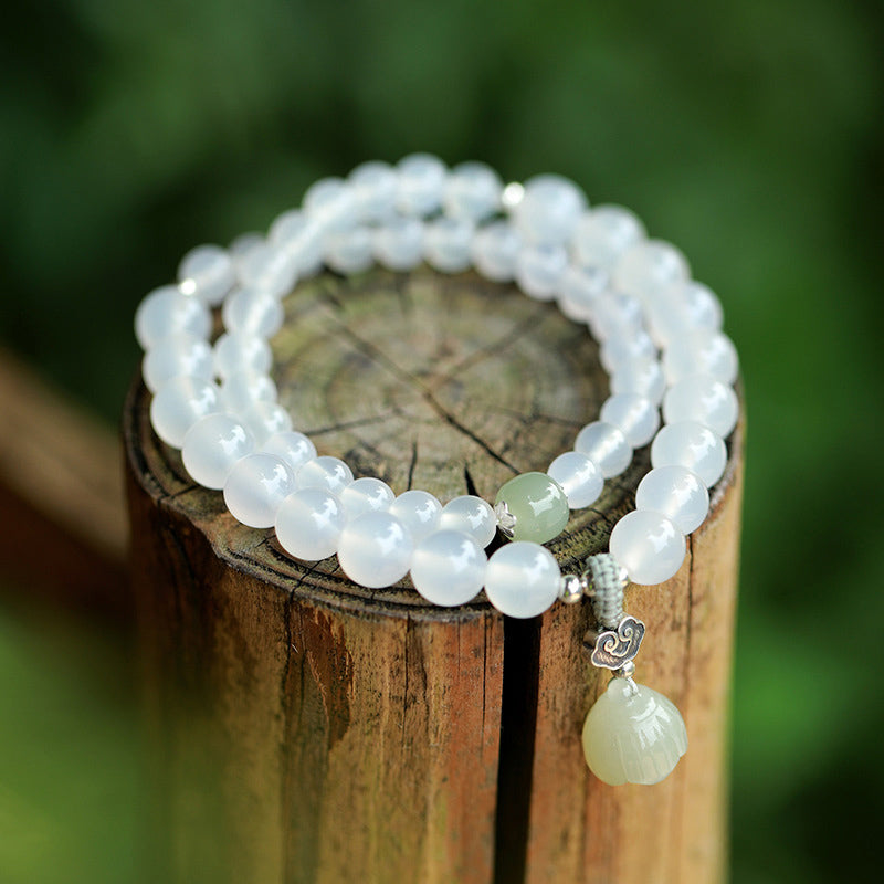 Buddha Stones White Agate Jade Lotus Protection Bracelet - White Agate (Luck ♥ Positivity) - image 0