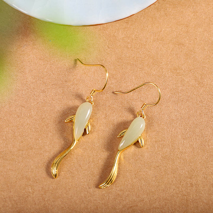 Fish Pattern Jade Luck Dangle Drop Earrings - image 4