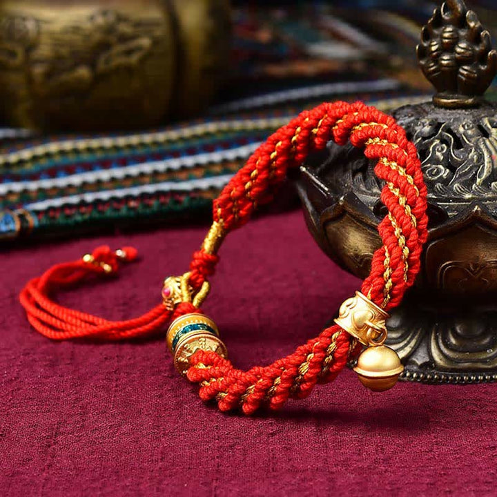 Buddha Stones Tibetan Handmade Luck Protection Thangka Prayer Wheel Bell Charm Braid String Bracelet - image 3
