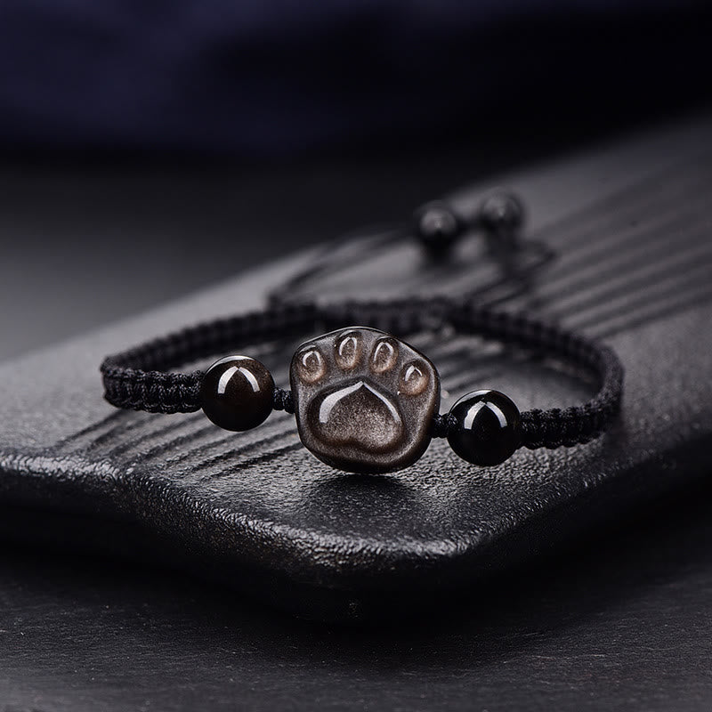 Buddha Stones Natural Silver Sheen Obsidian Gold Sheen Obsidian Cute Cat Paw Claw Protection Rope Bracelet - Silver Sheen Obsidian - Black Rope(Wrist Circumference 14-19cm) - image 5