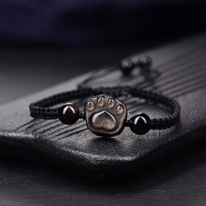 Buddha Stones Natural Silver Sheen Obsidian Gold Sheen Obsidian Cute Cat Paw Claw Protection Rope Bracelet - Silver Sheen Obsidian - Black Rope(Wrist Circumference 14-19cm) - image 5