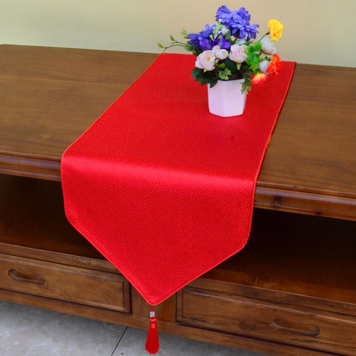 Prayer Altar Flower Vajra Dragon Pattern Tibetan Auspicious Symbols Tassels Jacquard Table Runner - Red - 200*33cm - image 18