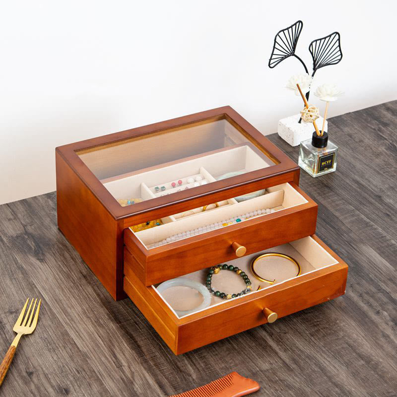 Buddha Stones Retro Solid Wood Jewelry Box Jewelry Storage Box With Drawer - Two Layers Light Color 28*19*13.5cm - image 0