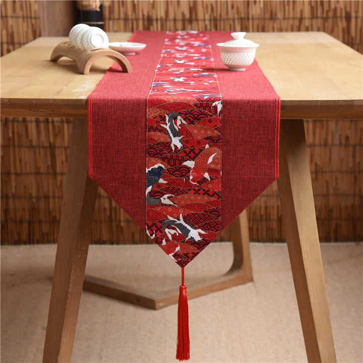 Buddha Stones Classic Chinese Style Lotus Koi Fish Flower Crane Calligraphy Enlightenment Cotton Linen Tassels Table Runner - Red Koi Fish - 30*180cm - image 16