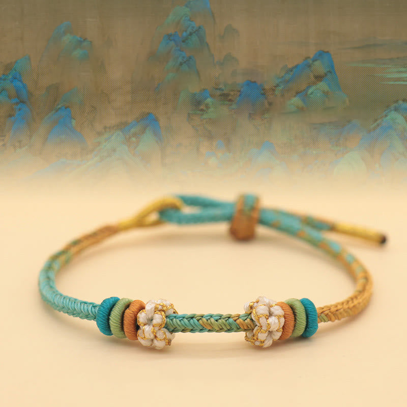 Buddha Stones Handmade Eight Thread Peace Knot Peach Blossom Knot Luck Rope Braided Bracelet - A Panorama Of Rivers And Mountains(Green Yellow) (Wrist Circumference 14-18cm) - image 0