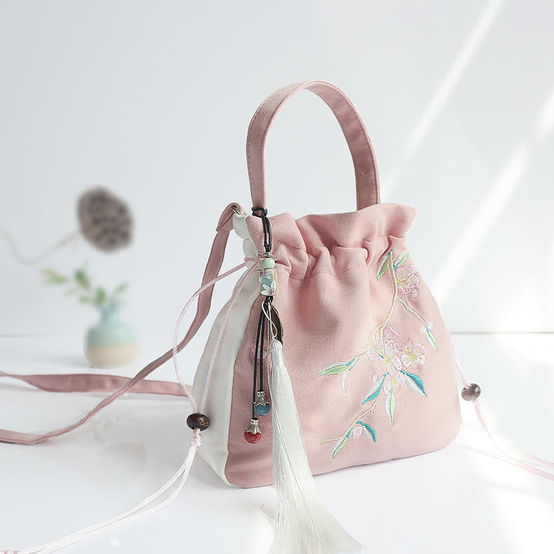Buddha Stones Handmade Embroidered Flowers Canvas Tote Shoulder Bag Handbag - Pink White Peach Blossom - image 38