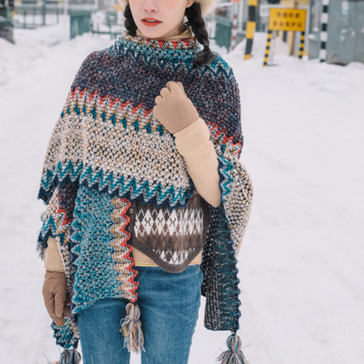 Buddha Stones Tibetan Shawl Blue Beige Red Wavy Pattern Winter Warm Tassel Scarf - image 4