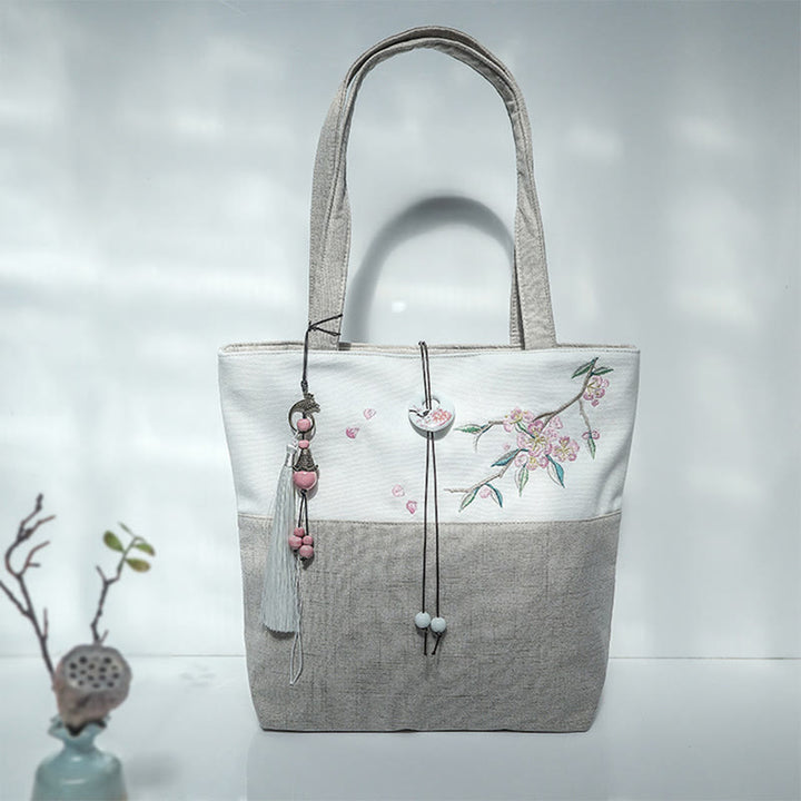 Buddha Stones Pear Flower Plum Peach Blossom Bamboo Embroidery Canvas Large Capacity Shoulder Bag Tote Bag - Beige White Peach Blossom - image 39