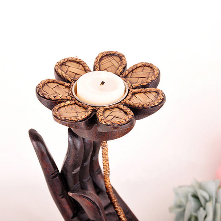 Buddha Stones Hand Pattern Wood Candlestick Home Candle Holder Decoration - image 6