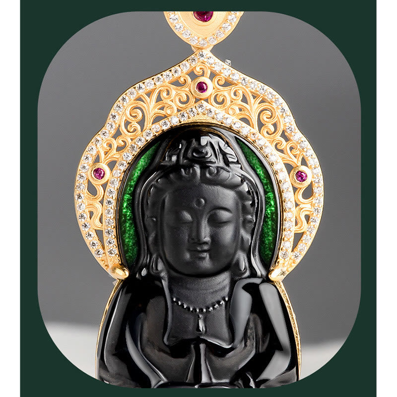 Buddha Stones 925 Sterling Silver Natural Black Jade Kwan Yin Avalokitesvara Wealth Necklace Pendant - image 5