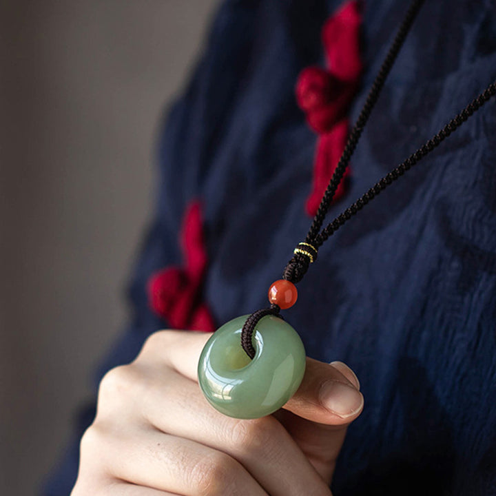 Buddha Stones Natural Round Jade Gray Jade Peace Buckle Luck Necklace Pendant - image 5