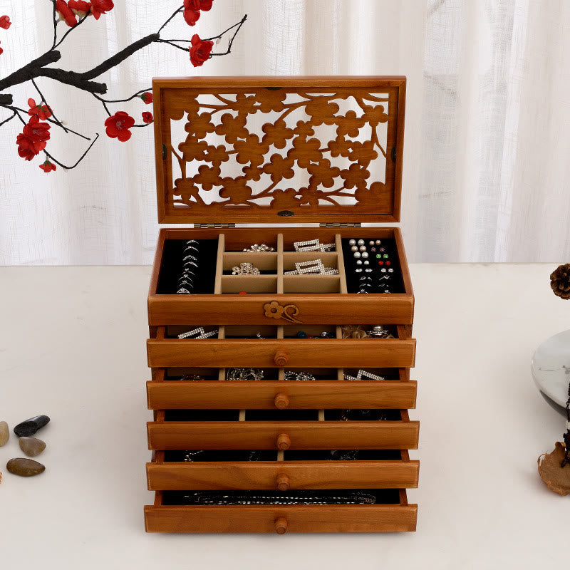 Buddha Stones Vintage Plum Blossom Carved Wooden Jewelry Box Six-Layer Jewelry Storage Box - image 16