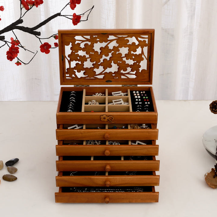 Buddha Stones Vintage Plum Blossom Carved Wooden Jewelry Box Six-Layer Jewelry Storage Box - image 16