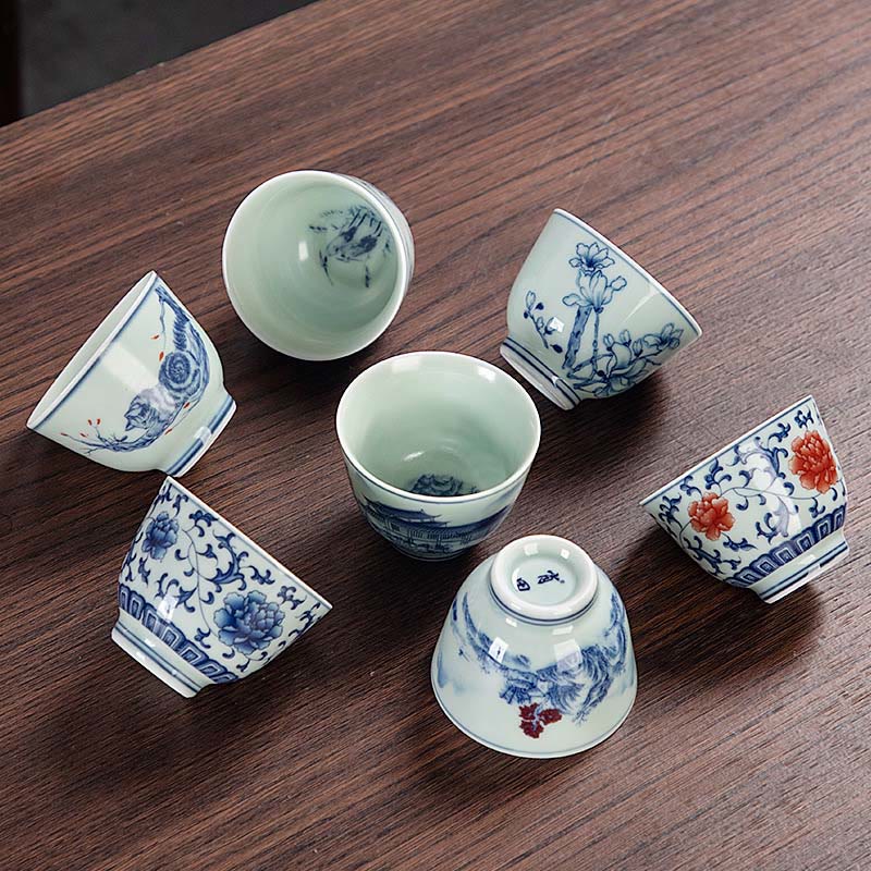 Buddha Stones Blue Landscape Mountains Lotus Cute Cat Pavilions Magnolia Reed Egrets Ceramic Teacup Small Kung Fu Tea Cup - image 0