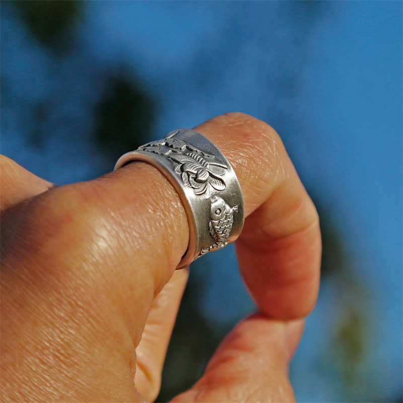 Buddha Stones 999 Sterling Silver Luck Koi Fish Lotus Heart Sutra Wealth Ring - image 4