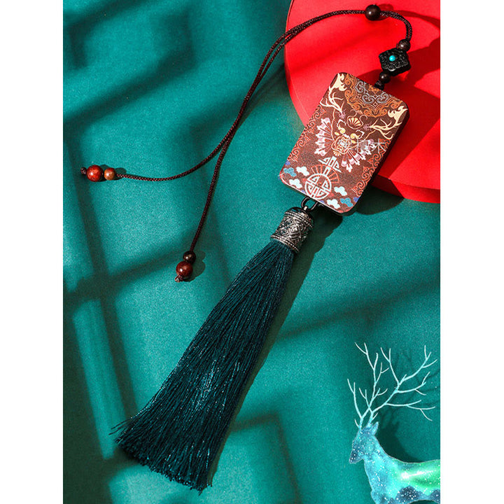 Buddha Stones Handmade Elk Deer Ebony Wood Balance Tassel Car Hanging Decoration - image 6