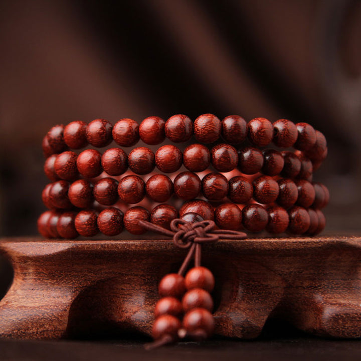 Buddha Stones Tibetan Small Leaf Red Sandalwood 108 Beads Mala Meditation Bracelet - image 0