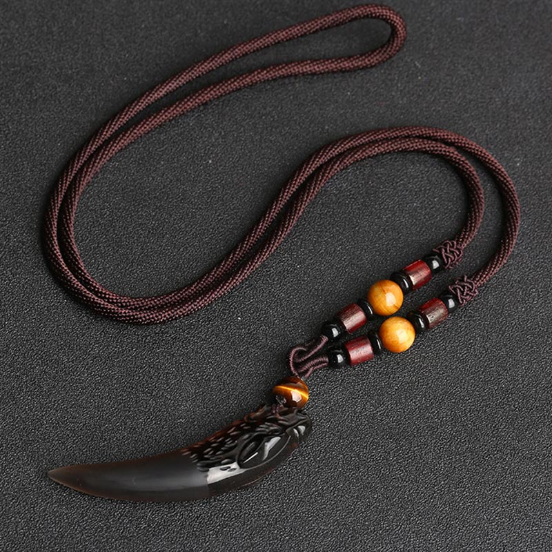 Buddha Stones Natural Ice Obsidian Wolf Tooth Pattern Courage Necklace Pendant - 63*14mm Ice Obsidian&Brown String - image 3