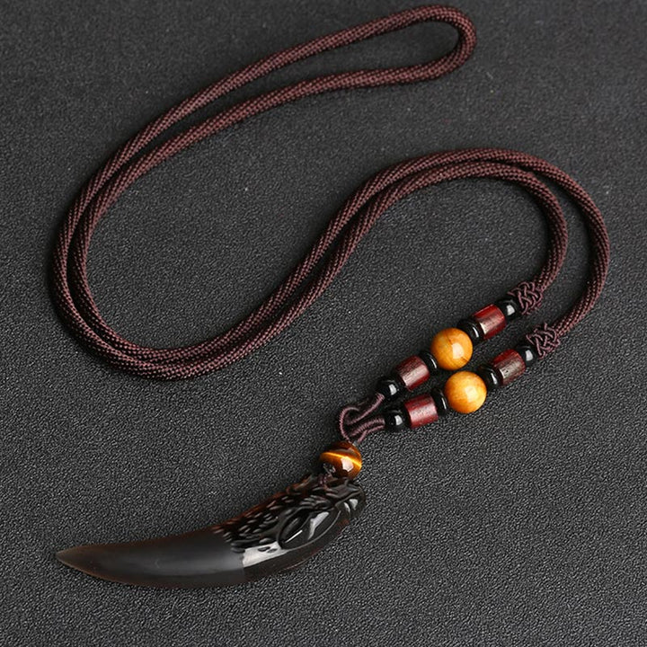 Buddha Stones Natural Ice Obsidian Wolf Tooth Pattern Courage Necklace Pendant - 63*14mm Ice Obsidian&Brown String - image 3