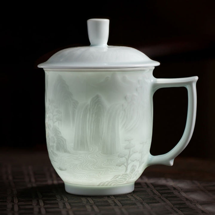 Buddha Stones Jingdezhen White Porcelain Handmade Great Wall Landscape Engraved Ceramic Teacup Office Mug Tea Cups - Landscape 9.3cm*14.8cm*450ml - image 9