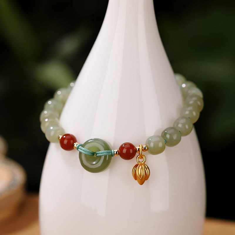 Buddha Stones 925 Sterling Silver Natural Hetian Jade Peace Buckle Red Agate Luck Bracelet - image 1