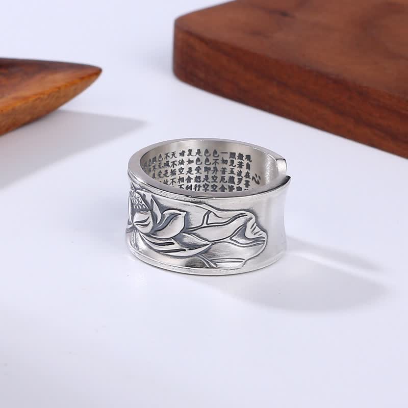 Buddha Stones 999 Sterling Silver Lotus Flower Heart Sutra Protection Ring - image 5