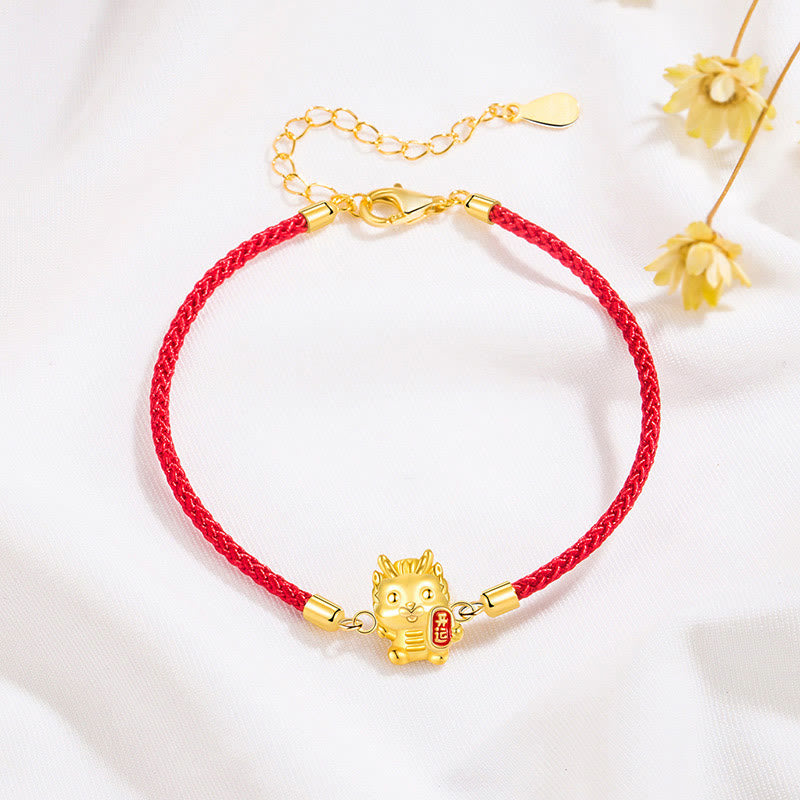 Buddha Stones 925 Sterling Silver Year Of The Dragon Lucky Golden Dragon Strength Red Rope Chain Bracelet - image 1