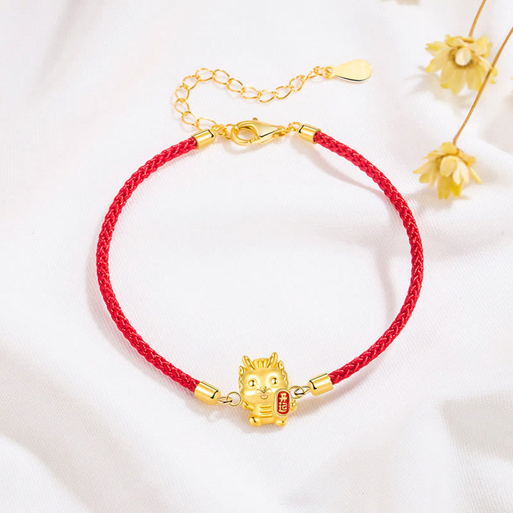 Buddha Stones 925 Sterling Silver Year Of The Dragon Lucky Golden Dragon Strength Red Rope Chain Bracelet - image 1