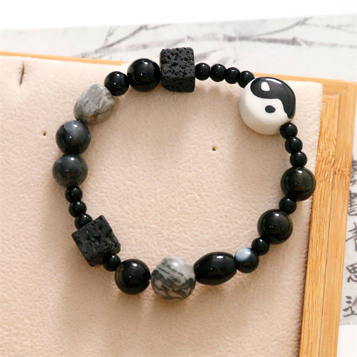 Buddha Stones Black Onyx Picasso Jasper Bead Yin Yang Fortune Protection Bracelet - image 12