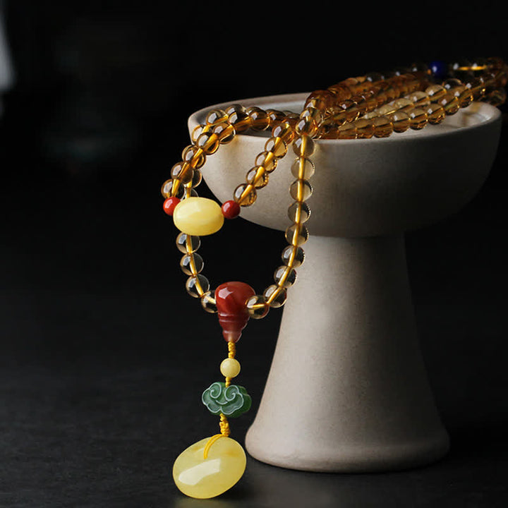108 Mala Beads Natural Citrine Amber Peace Buckle Red Agate PiXiu Protection Charm Bracelet - image 12