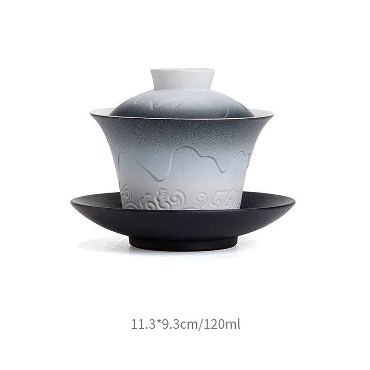 Buddha Stones Retro Blue Ocean Sea Waves Gradient Ceramic Gaiwan Sancai Teacup Kung Fu Tea Cup And Saucer With Lid - Black White Gradient 11.3*9.3cm*120ml - image 9