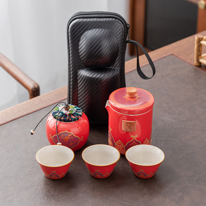 Buddha Stones Flower Chinese Gongfu Ceramic Teapot Portable Outdoor Travel Tea Set Bag - Red - 1 Teapot+3 Cups+1 Small Bag+1 Tea Can - image 24