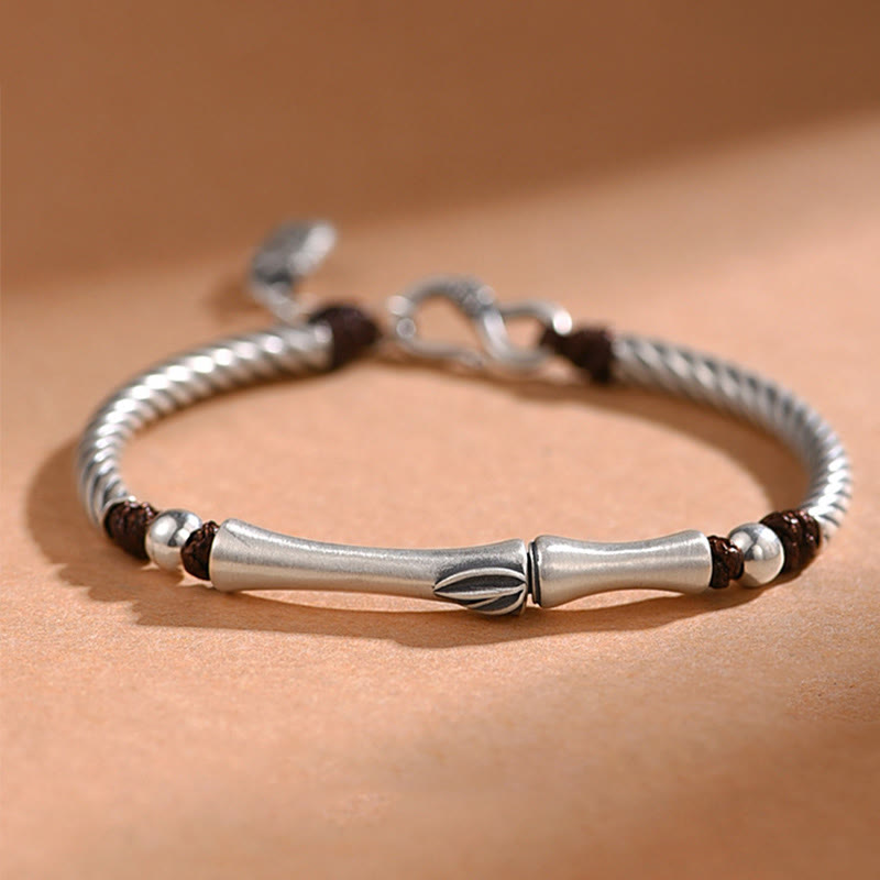 Buddha Stones 999 Sterling Silver Bamboo Pattern Cicada Luck Wealth Bracelet - 999 Sterling Silver - image 0