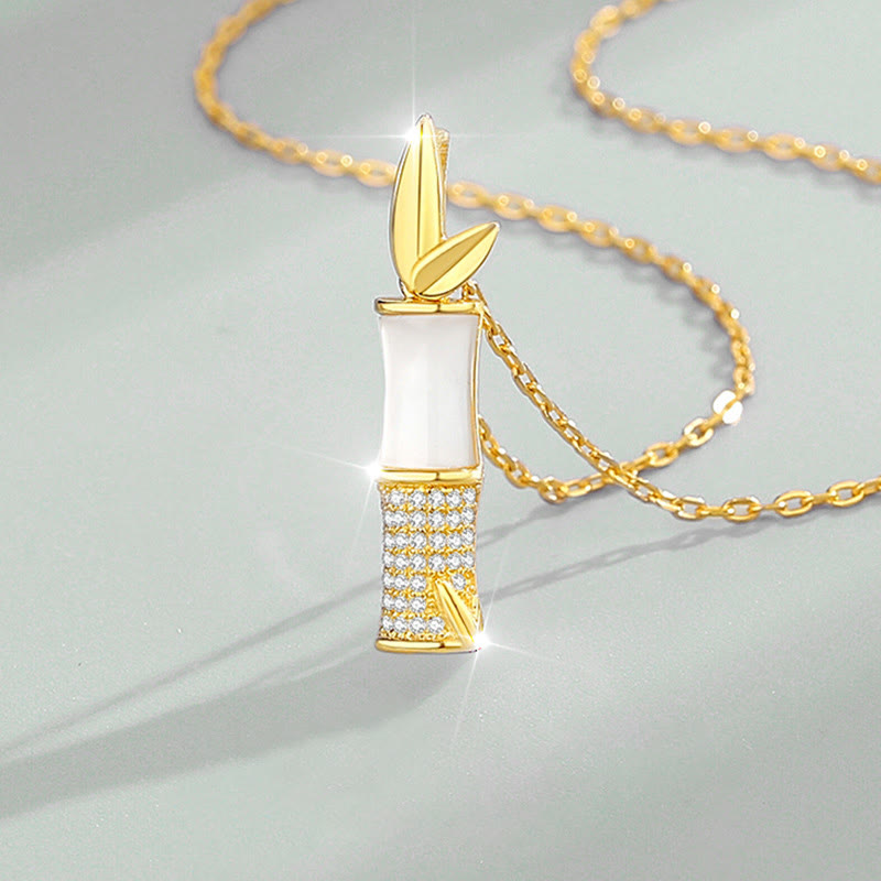 Buddha Stones 925 Sterling Silver Hetian White Jade Bamboo Happiness Necklace Pendant - image 1