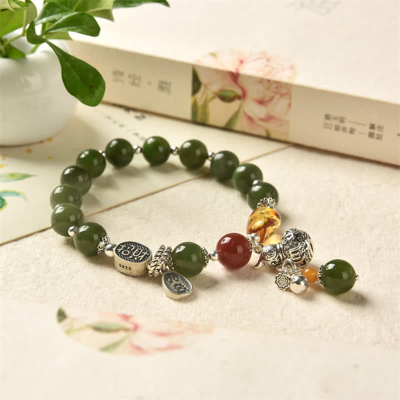 Buddha Stones 925 Sterling Silver Hetian Cyan Jade Gourd Amber Success Bracelet - image 4
