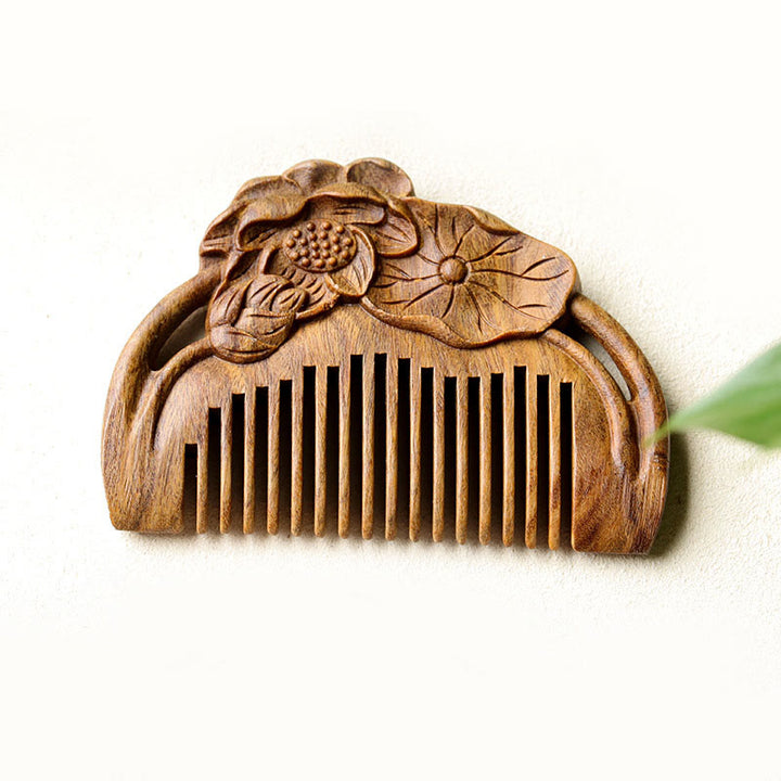 Natural Green Sandalwood Lotus Flower Leaf Engraved Soothing Comb - Green Sandalwood Comb(Simple Style) - image 6