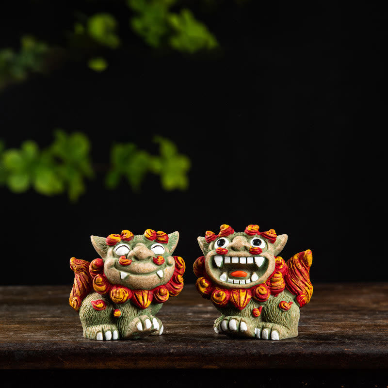 Buddha Stones Small Pair of Lion Fu Foo Dogs Ward Off Evil Protection Home Resin Decoration - A Pair of Khaki Fu Dogs - image 2
