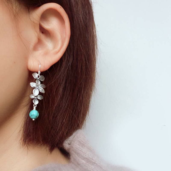 Buddha Stones 925 Sterling Silver Turquoise Lazurite Lapis Lazuli Flower Leaf Serenity Protection Hook Drop Dangle Earrings - image 1