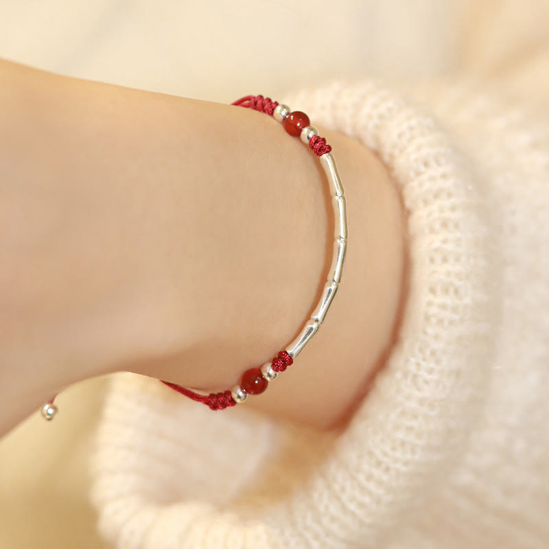 Buddha Stones 925 Sterling Silver Bamboo White Agate Red Agate Bead Protection String Braided Bracelet - Red Agate(Wrist Circumference 14-17cm) - image 5