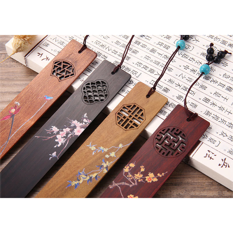 Buddha Stones 4Pcs Four Seasons Plum Orchid Bamboo Chrysanthemum Peking Opera Mask Wood Bookmarks With Gift Box - image 11