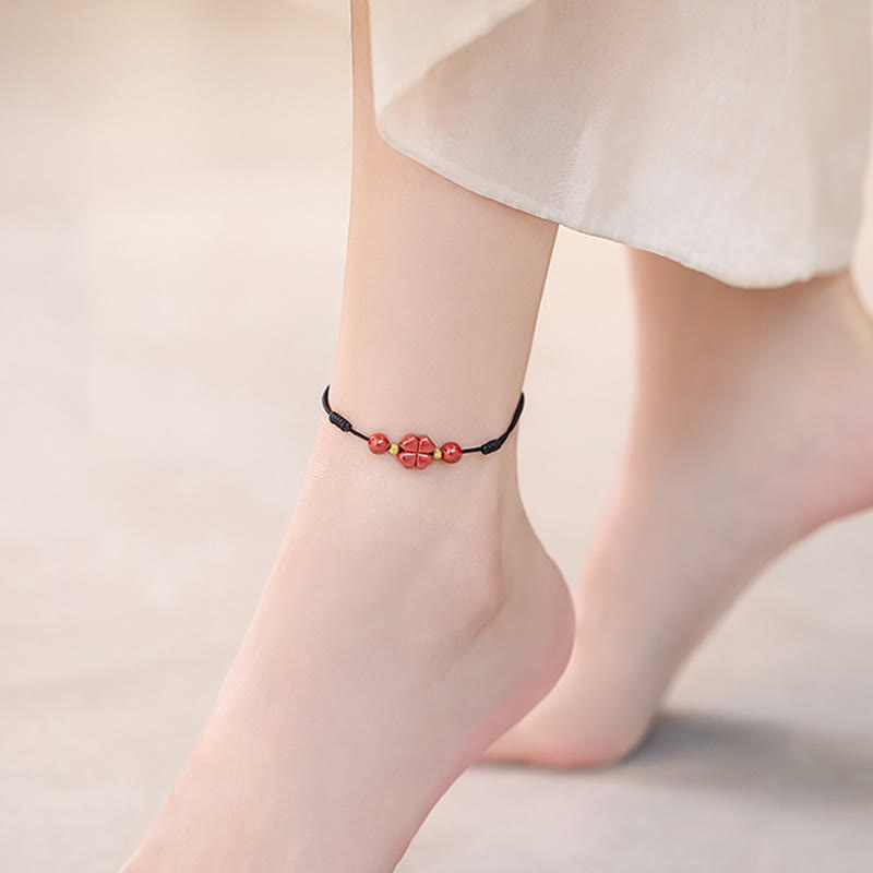 Buddha Stones Four Leaf Clover Cinnabar Blessing Calm String Bracelet Anklet - image 25