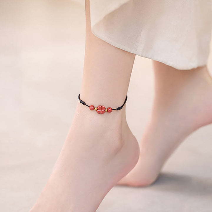 Buddha Stones Four Leaf Clover Cinnabar Blessing Calm String Bracelet Anklet - image 25