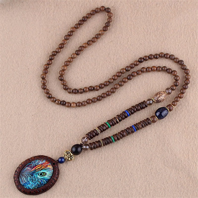 Buddha Stones Tibetan Wenge Wood Bodhi Seed Agate Elephant Protection Necklace Pendant - Wenge Wood&Peacock Feathers - image 3