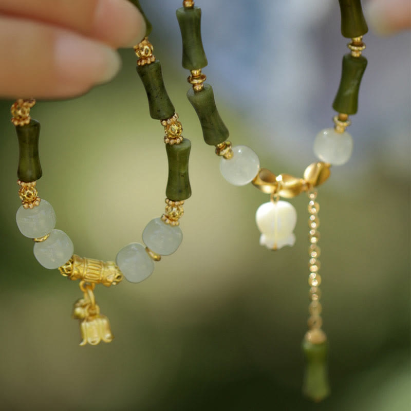 Buddha Stones Green Bamboo Jade Lily of the Valley Wealth Bracelet - image 1