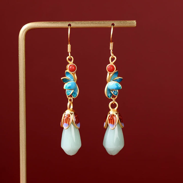 Magnolia Flower Jade Pattern Luck Prosperity Drop Dangle Earrings - Jade(Prosperity♥Abundance) - image 0