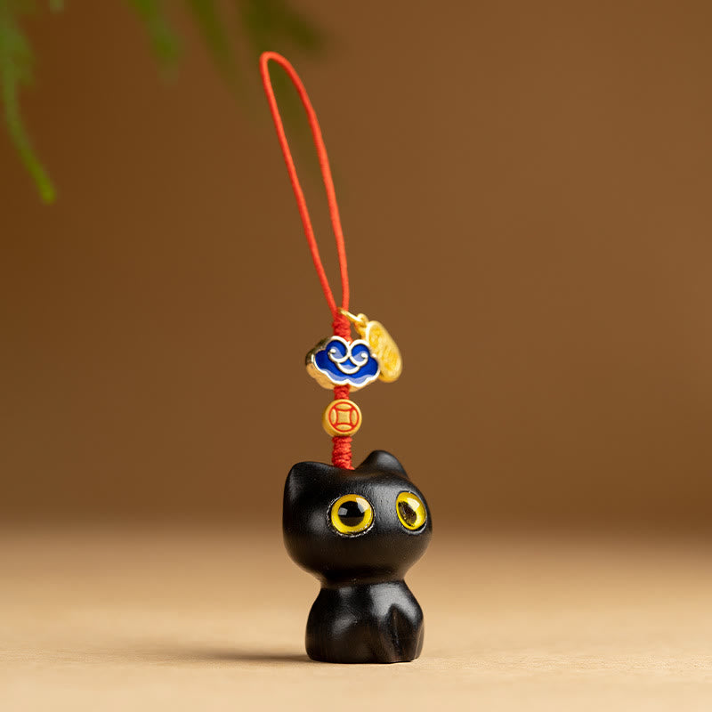 Buddha Stones Small Leaf Red Sandalwood Ebony Wood Lucky Cat Protection Key Chain Phone Hanging Decoration - Ebony Cat - Phone Hanging Decoration - image 12