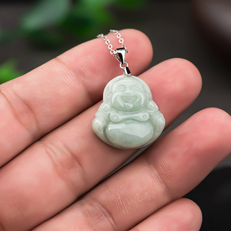 Buddha Stones 925 Sterling Silver Laughing Buddha Jade Blessing Necklace Chain Pendant - image 4