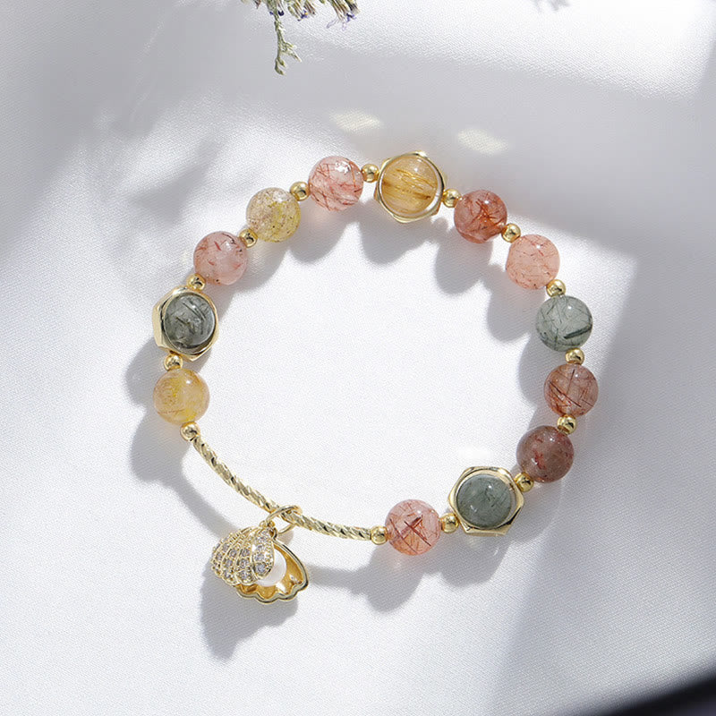 Buddha Stones Natural Colorful Rutilated Quartz Shell Protection Bead Bracelet - image 2